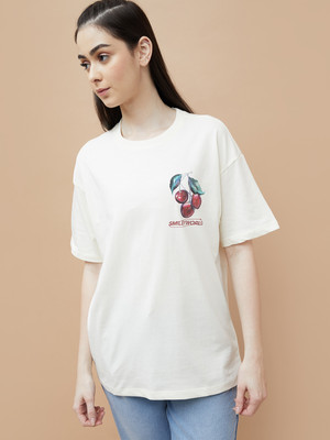 Ginger by Lifestyle Printed Women Round Neck White T-Shirt