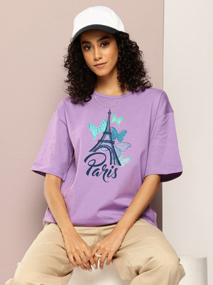 Patche Printed Women Round Neck Pink T-Shirt