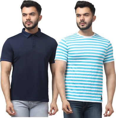 HOC Solid, Striped Men Polo Neck Navy Blue, Blue T-Shirt