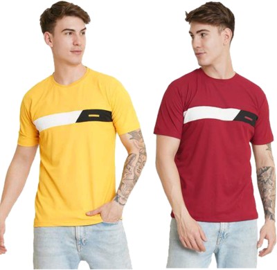 LOOKMARK Colorblock Men Round Neck Yellow, Maroon T-Shirt