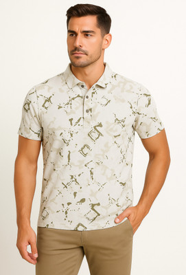 aureva Printed Men Polo Neck White T-Shirt