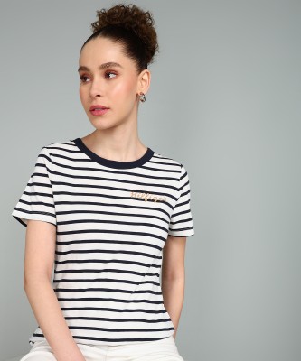 TOMMY HILFIGER Striped Women Crew Neck White T-Shirt