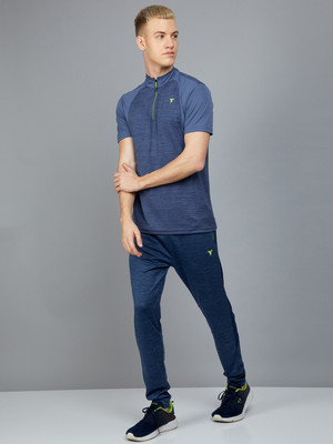 TECHNOSPORT Self Design Men Zip Neck Navy Blue T-Shirt