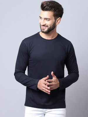 CANTABIL Solid Men Round Neck Navy Blue T-Shirt