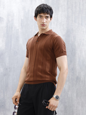 WROGN Solid Men Crew Neck Brown T-Shirt