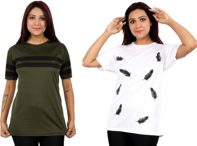 Oishee Printed Women Round Neck Dark Green, White T-Shirt