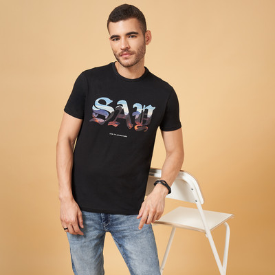 PEOPLE Printed, Typography Men Round Neck Black T-Shirt