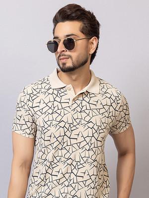 TRIUS Printed Men Polo Neck Beige T-Shirt