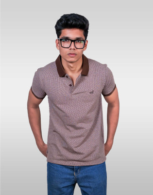 Lynx Striped Men Polo Neck Brown T-Shirt