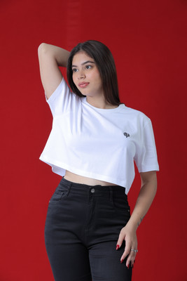 LEAFCARE Solid Women Round Neck White T-Shirt
