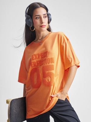 Tokyo Talkies Embroidered Women Round Neck Orange T-Shirt