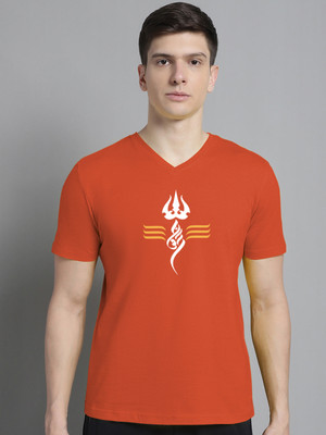 FBAR Typography Men V Neck Orange T-Shirt