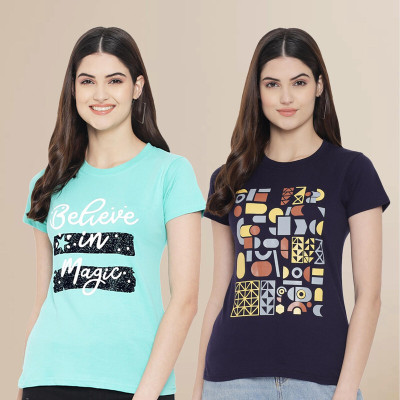 METRONAUT Printed Women Round Neck Light Blue, Navy Blue T-Shirt