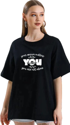 FLUFFYY ENTERPRISE Printed Women Round Neck Black T-Shirt