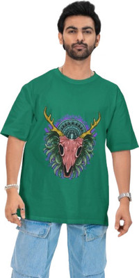 J&D brand Printed Men Cowl Neck Green T-Shirt