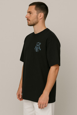 Vuzzan Graphic Print Men Round Neck Black T-Shirt
