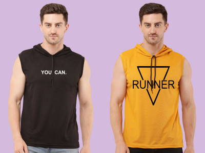KUGDIT Printed Men Hooded Neck Black, Yellow T-Shirt