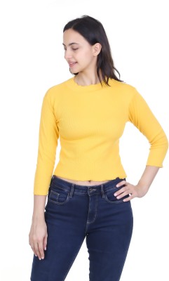 Fashion hut Solid Women Round Neck Yellow T-Shirt