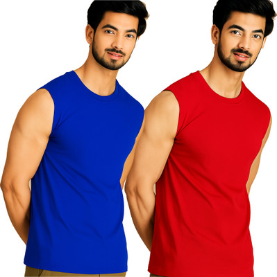 Jangoboy Solid Men Round Neck Dark Blue, Red T-Shirt