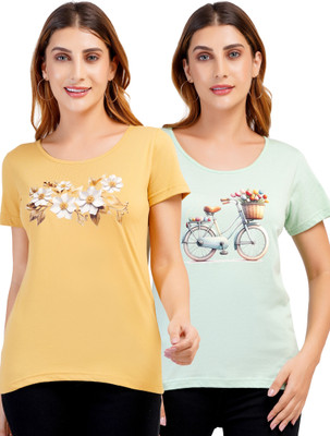 Romaisa Graphic Print Women Round Neck Reversible Beige, Green T-Shirt