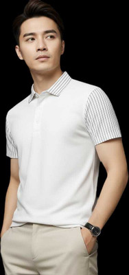 GELAI ENTERPRISE Solid, Striped Men Polo Neck White T-Shirt