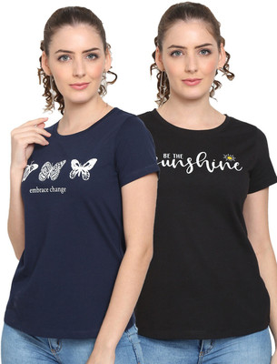 HouseOfCommon Printed Women Round Neck Black, Navy Blue T-Shirt