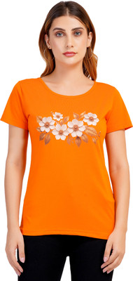 Romaisa Printed Women Round Neck Reversible Orange T-Shirt
