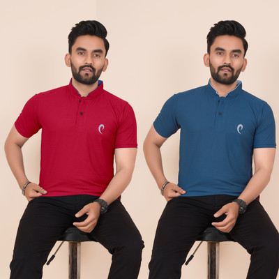 Pio Sports Printed, Solid Men Mandarin Collar Multicolor T-Shirt
