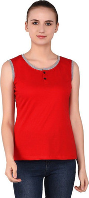 GEUM Solid Women Henley Neck Red T-Shirt