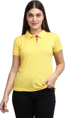 V-MART Solid Women Polo Neck Yellow T-Shirt