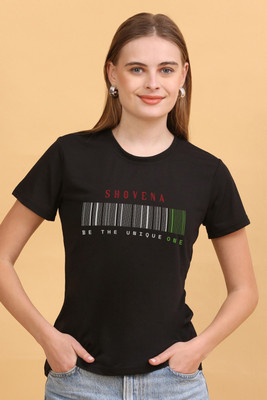 HOUSEOFFASHION Printed Women Round Neck Black T-Shirt