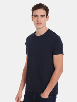 OrrganicChics Solid Men Round Neck Navy Blue T-Shirt