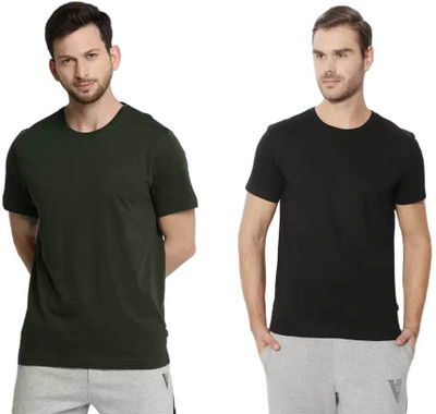 VAN HEUSEN Solid Men Round Neck Black, Dark Green, Light Blue T-Shirt