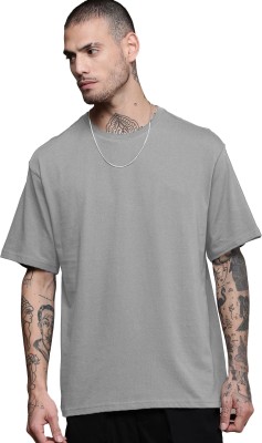 Leotude Solid Men Round Neck Grey T-Shirt