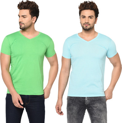Tresna Fab Solid Men V Neck Blue, Green T-Shirt