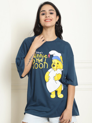 DISNEY by DreamBe Printed, Typography Women Round Neck Dark Blue T-Shirt