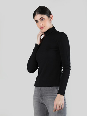 Kepa Solid Women High Neck Black T-Shirt