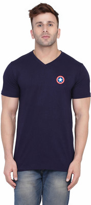 GEUM Printed Men V Neck Dark Blue T-Shirt