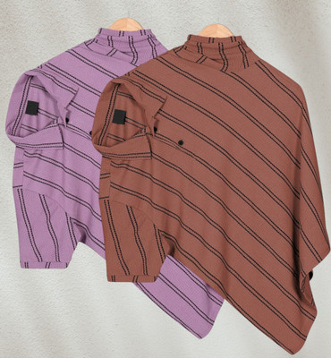 PRAIZY Striped Men Polo Neck Pink, Orange T-Shirt