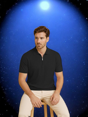 DSV enterprise Self Design Men Polo Neck Black T-Shirt