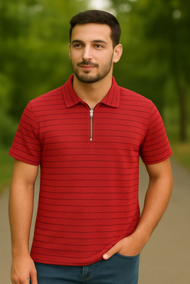 METRONAUT Striped Men Zip Neck Red T-Shirt