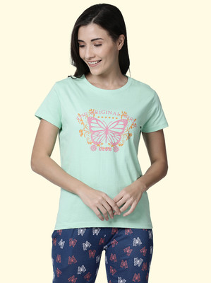 Kryptic Printed Women Round Neck Green T-Shirt