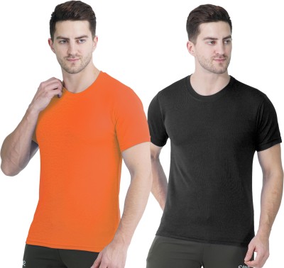 Stair Solid Men Round Neck Black, Orange T-Shirt