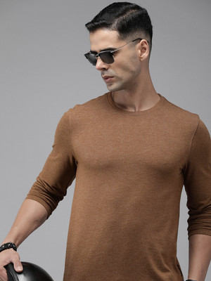 Roadster Solid Men Round Neck Brown T-Shirt
