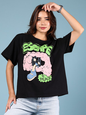 V-MART Printed Women Round Neck Black T-Shirt