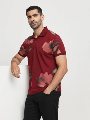 MUFTI Floral Print Men Polo Neck Maroon T-Shirt