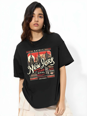 Moda Rapido Graphic Print Women Round Neck Black T-Shirt