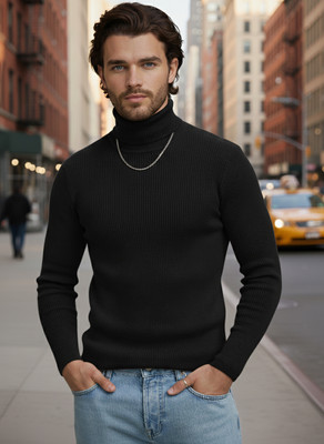 CLAfoutis Solid Men Turtle Neck Black T-Shirt