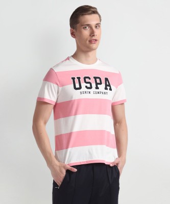 U.S. POLO ASSN. Striped, Typography Men Round Neck Pink T-Shirt