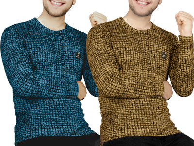 AVOLT Printed Men Round Neck Dark Blue, Yellow T-Shirt